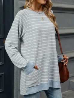 Women's T Shirt Fashion Modern Casual Long Sleeve Regular Tops Crew Neck Daily Weekend Gray / White Black Blue Light Grey Fall Winter