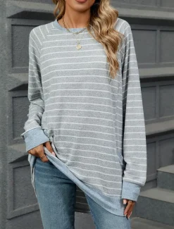Women's T Shirt Fashion Modern Casual Long Sleeve Regular Tops Crew Neck Daily Weekend Gray / White Black Blue Light Grey Fall Winter