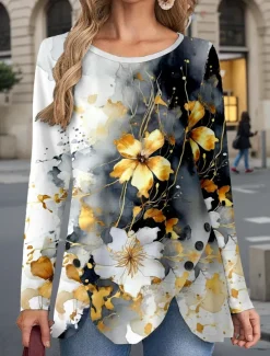 Women's T Shirt Floral Casual Long Sleeve Crew Neck Regular Tops Daily Buttons Print Asymmetrical Gray Spring Fall