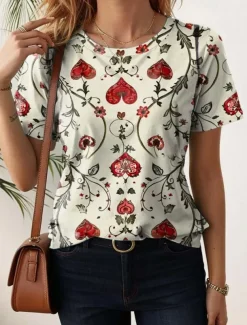 Women's T Shirt Floral Casual Short Sleeve Round Neck Regular Tops Daily Print off-white Summer