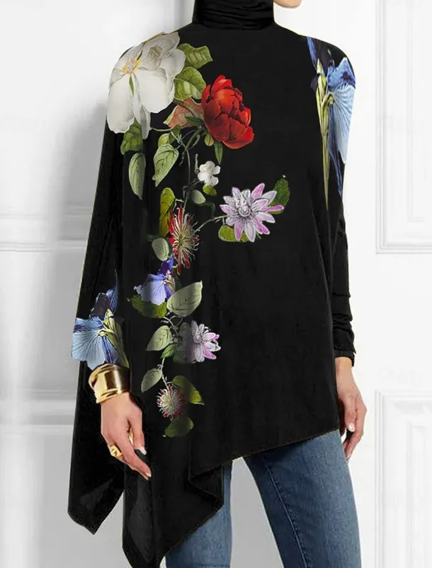 Women's T Shirt Floral Fashion Long Sleeve High Neck Long Tops Holiday Weekend Print Asymmetrical Black Yellow Red Blue Purple Spring & Fall