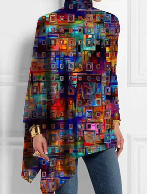 Women's T Shirt Floral Fashion Long Sleeve High Neck Long Tops Holiday Weekend Print Asymmetrical Black Yellow Red Blue Purple Spring & Fall