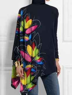 Women's T Shirt Floral Fashion Long Sleeve High Neck Long Tops Holiday Weekend Print Asymmetrical Black Yellow Red Blue Purple Spring & Fall