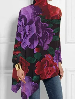 Women's T Shirt Floral Fashion Long Sleeve High Neck Long Tops Holiday Weekend Print Asymmetrical Black Yellow Red Blue Purple Spring & Fall