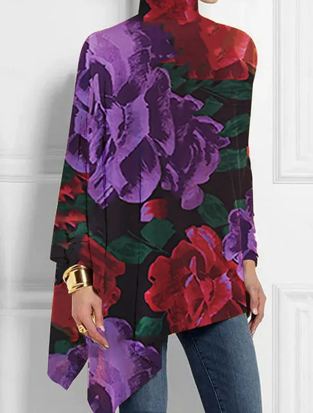 Women's T Shirt Floral Fashion Long Sleeve High Neck Long Tops Holiday Weekend Print Asymmetrical Black Yellow Red Blue Purple Spring & Fall