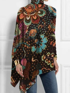 Women's T Shirt Floral Fashion Long Sleeve High Neck Long Tops Holiday Weekend Print Asymmetrical Black Yellow Red Blue Purple Spring & Fall
