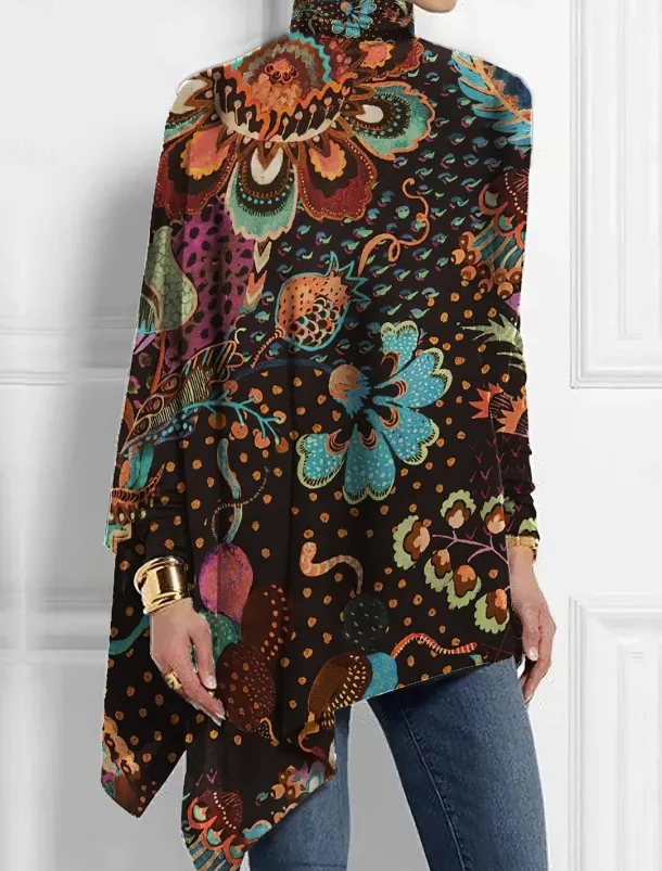 Women's T Shirt Floral Fashion Long Sleeve High Neck Long Tops Holiday Weekend Print Asymmetrical Black Yellow Red Blue Purple Spring & Fall