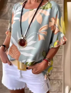 Women's T Shirt Floral Fashion Short Sleeve Round Neck Regular Tops Vacation Weekend Ruffle Print Green Beige Gray Light Blue Summer