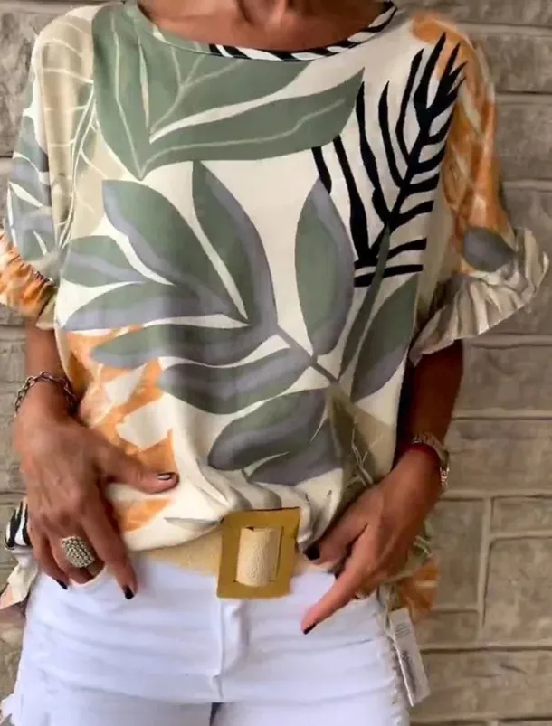 Women's T Shirt Floral Fashion Short Sleeve Round Neck Regular Tops Vacation Weekend Ruffle Print Green Beige Gray Light Blue Summer