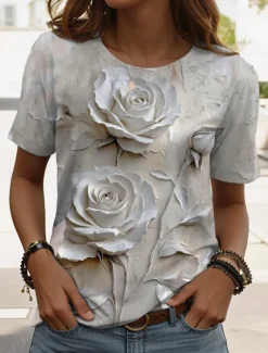 Women's T Shirt Floral Graphic 3D Vintage Stylish Casual Short Sleeve Crew Neck Regular Tops Daily Going out Weekend Print Green Gray Light Blue Summer Spring