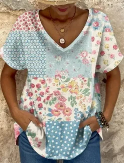 Women's T Shirt Floral Graphic Geometric Vintage Ethnic Casual Short Sleeve V Neck Regular Tops Daily Weekend Beach Wear Print Blue Purple Summer Spring