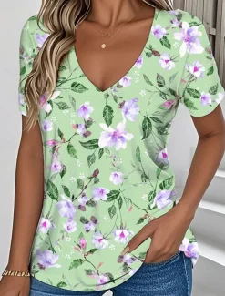 Women's T Shirt Floral Graphic Vintage Stylish Classic Short Sleeve V Neck Regular Tops Daily Print Blue Purple Green Summer Spring