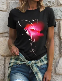 Women's T Shirt Floral Graphic Letter Vintage Stylish Classic Short Sleeve Crew Neck Round Neck Regular Tops Daily Weekend Print Black White Yellow Pink Blue Summer Spring