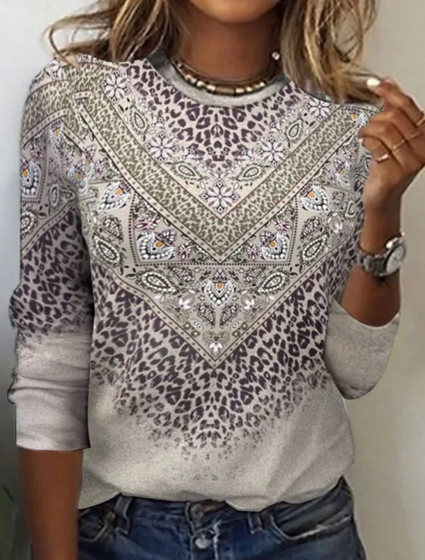 Women's T Shirt Floral Tribal Fashion Modern Long Sleeve Crew Neck Regular Tops Daily Print Orange Brown Gray Summer