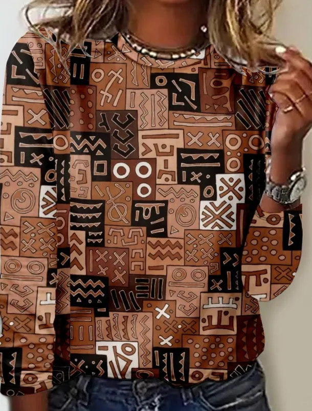 Women's T Shirt Floral Tribal Fashion Modern Long Sleeve Crew Neck Regular Tops Daily Print Orange Brown Gray Summer