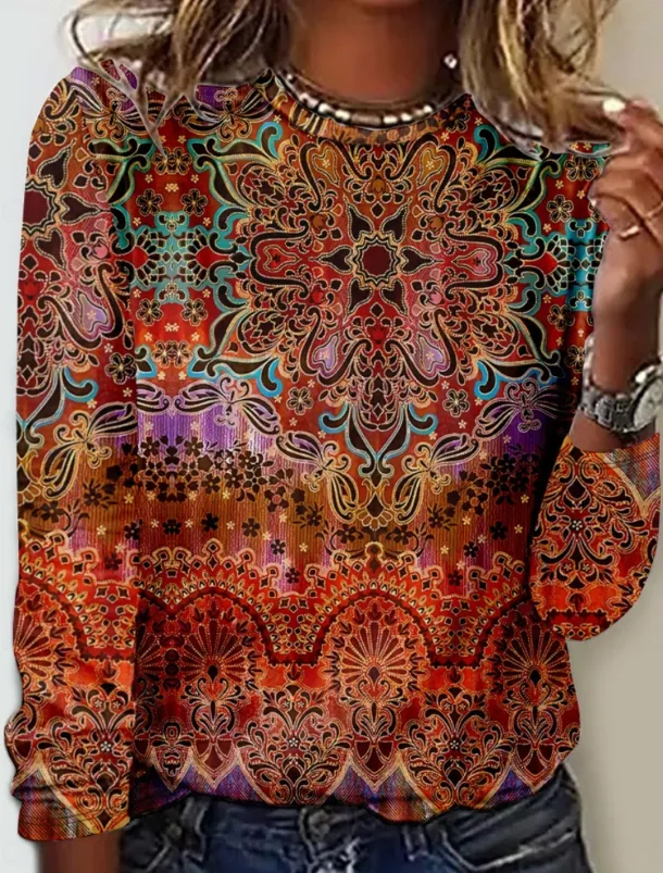 Women's T Shirt Floral Tribal Fashion Modern Long Sleeve Crew Neck Regular Tops Daily Print Orange Brown Gray Summer