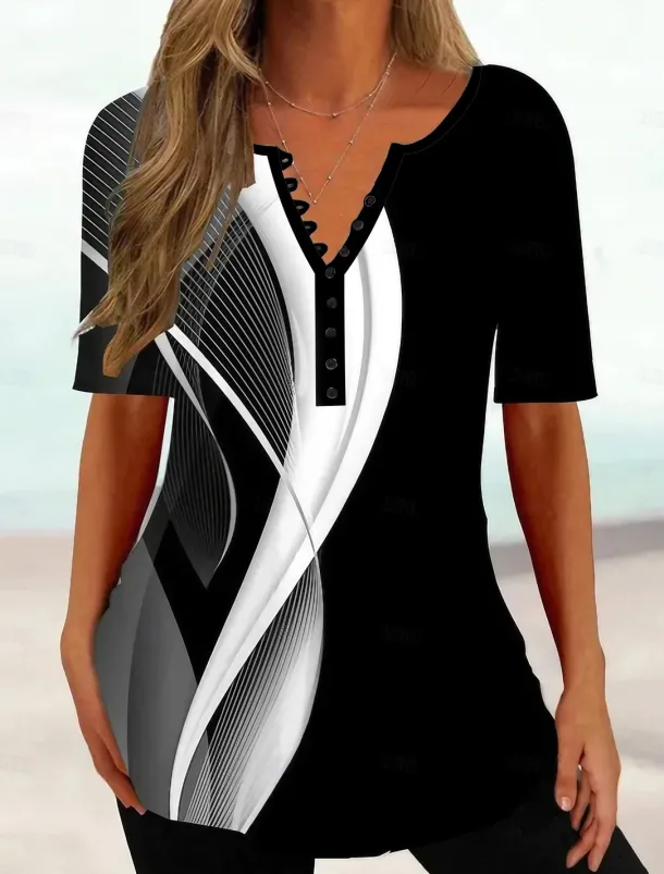 Women's T Shirt Geometric Abstract Tunic Basic Short Sleeve V Neck Regular Tops Casual Daily Buttons Print Black