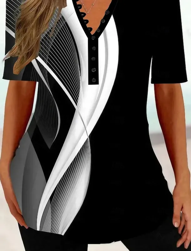 Women's T Shirt Geometric Abstract Tunic Basic Short Sleeve V Neck Regular Tops Casual Daily Buttons Print Black