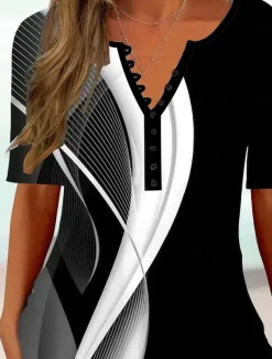 Women's T Shirt Geometric Abstract Tunic Basic Short Sleeve V Neck Regular Tops Casual Daily Buttons Print Black