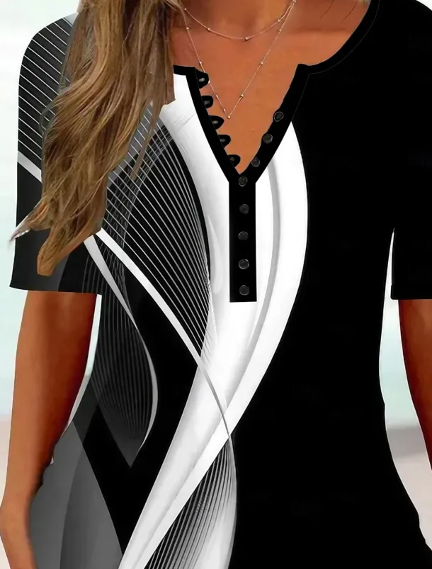 Women's T Shirt Geometric Abstract Tunic Basic Short Sleeve V Neck Regular Tops Casual Daily Buttons Print Black