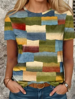 Women's T Shirt Geometric Casual Short Sleeve Round Neck Regular Tops Daily Print Green Summer