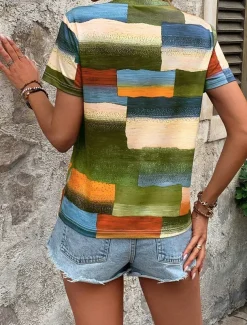 Women's T Shirt Geometric Casual Short Sleeve Round Neck Regular Tops Daily Print Green Summer