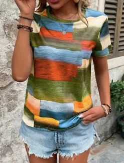 Women's T Shirt Geometric Casual Short Sleeve Round Neck Regular Tops Daily Print Green Summer