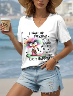 Women's T Shirt Graphic Animal Letter Vintage Stylish Ethnic Short Sleeve V Neck Regular Tops Daily Going out Beach Wear Print White Sky Blue Violet Summer Spring