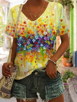 Women's T Shirt Graphic Basic Short Sleeve V Neck Regular Tops Daily Weekend Print Yellow Red Blue Green