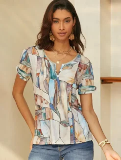 Women's T Shirt Graphic Basic Short Sleeve V Neck Regular Tops Daily Weekend Buttons Cut Out Print Blue Green Khaki