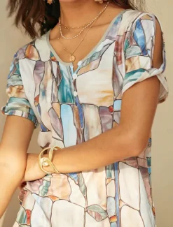 Women's T Shirt Graphic Basic Short Sleeve V Neck Regular Tops Daily Weekend Buttons Cut Out Print Blue Green Khaki