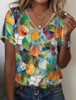 Women's T Shirt Graphic Basic Short Sleeve V Neck Regular Tops Daily Weekend Buttons Cut Out Print Blue Green Khaki