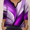 Women's T Shirt Graphic Casual Long Sleeve Notched Neck Regular Tops Daily Print Purple Spring Fall