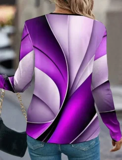 Women's T Shirt Graphic Casual Long Sleeve Notched Neck Regular Tops Daily Print Purple Spring Fall