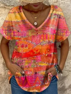 Women's T Shirt Graphic Geometric Vintage Vintage Ethnic Casual Short Sleeve V Neck Regular Tops Daily Weekend Beach Wear Print Maroon Red Orange Summer Spring