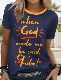 Women's T Shirt Graphic Letter Casual Short Sleeve Round Neck Regular Tops Daily Weekend Print Black Royal Blue Blue Green Summer Spring