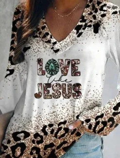 Women's T Shirt Graphic Leopard Vintage Stylish Classic Long Sleeve V Neck Regular Tops Daily Weekend Vacation Wear Print White Spring Fall Spring, Fall, Winter, Summer Witch