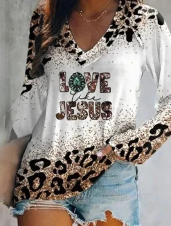 Women's T Shirt Graphic Leopard Vintage Stylish Classic Long Sleeve V Neck Regular Tops Daily Weekend Vacation Wear Print White Spring Fall Spring, Fall, Winter, Summer Witch