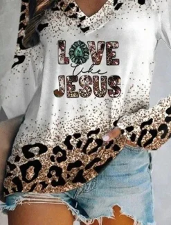Women's T Shirt Graphic Leopard Vintage Stylish Classic Long Sleeve V Neck Regular Tops Daily Weekend Vacation Wear Print White Spring Fall Spring, Fall, Winter, Summer Witch