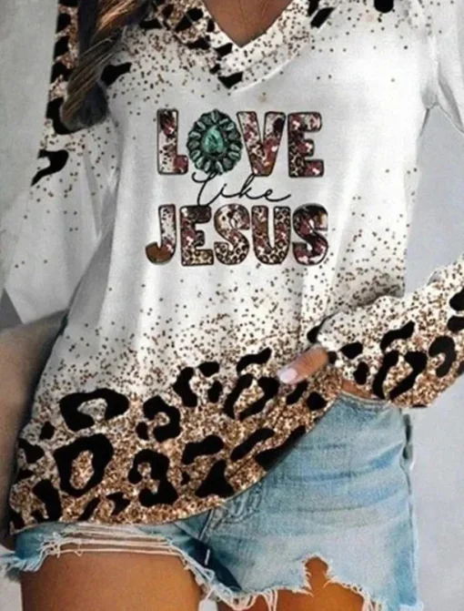 Women's T Shirt Graphic Leopard Vintage Stylish Classic Long Sleeve V Neck Regular Tops Daily Weekend Vacation Wear Print White Spring Fall Spring, Fall, Winter, Summer Witch