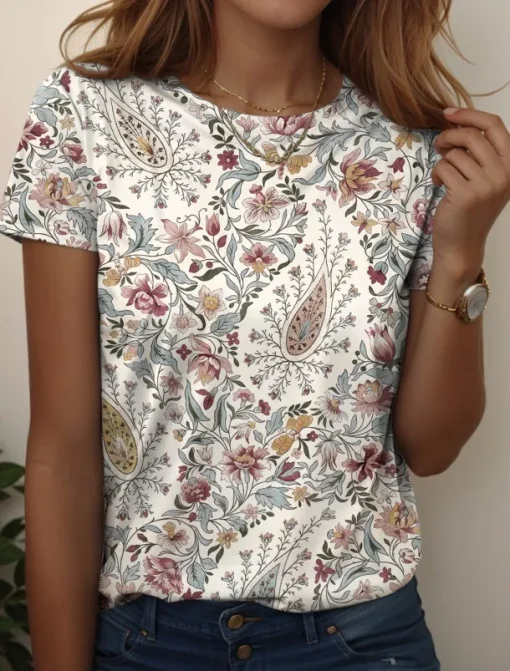 Women's T Shirt Graphic Paisley Vintage Stylish Casual Short Sleeve Crew Neck Regular Tops Daily Weekend Beach Wear Print Black+White+Red Black Pink Dark Green Brown Summer