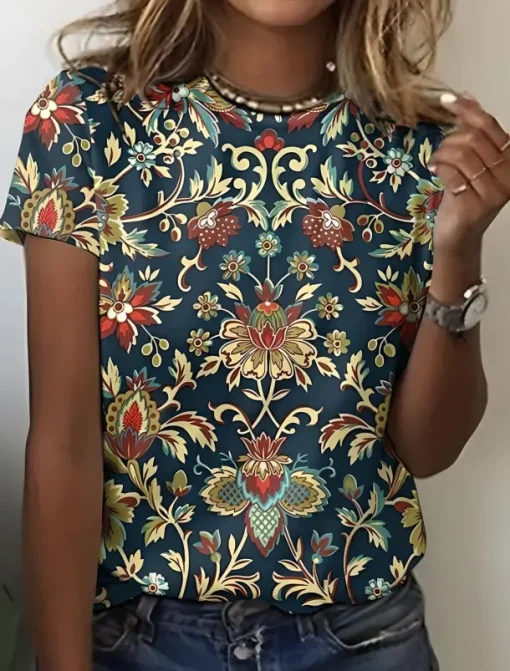 Women's T Shirt Graphic Paisley Vintage Stylish Casual Short Sleeve Crew Neck Regular Tops Daily Weekend Beach Wear Print Black+White+Red Black Pink Dark Green Brown Summer