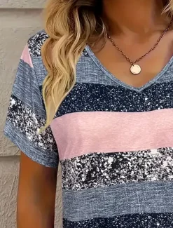 Women's T Shirt Graphic Striped Fashion Stylish Casual Long Sleeve V Neck Regular Tops Daily Sports Going out Print Pink Summer Spring