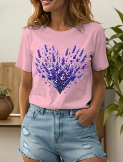 Women's T Shirt Heart Floral Graphic Vintage Stylish Classic Short Sleeve Crew Neck Round Neck Regular Tops Daily Going out Weekend Print Black White Yellow Pink Blue Summer Spring Fall