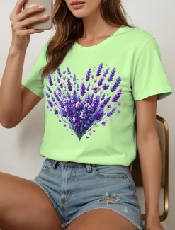 Women's T Shirt Heart Floral Graphic Vintage Stylish Classic Short Sleeve Crew Neck Round Neck Regular Tops Daily Going out Weekend Print Black White Yellow Pink Blue Summer Spring Fall