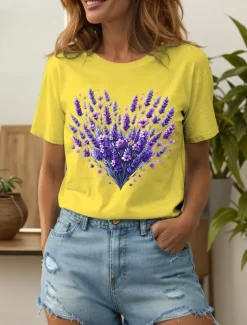 Women's T Shirt Heart Floral Graphic Vintage Stylish Classic Short Sleeve Crew Neck Round Neck Regular Tops Daily Going out Weekend Print Black White Yellow Pink Blue Summer Spring Fall