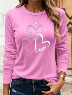 Women's T Shirt Heart Graphic Vintage Stylish Classic Long Sleeve Crew Neck Round Neck Regular Tops Daily Print Black Blue Khaki Rose Pink Summer Spring Fall