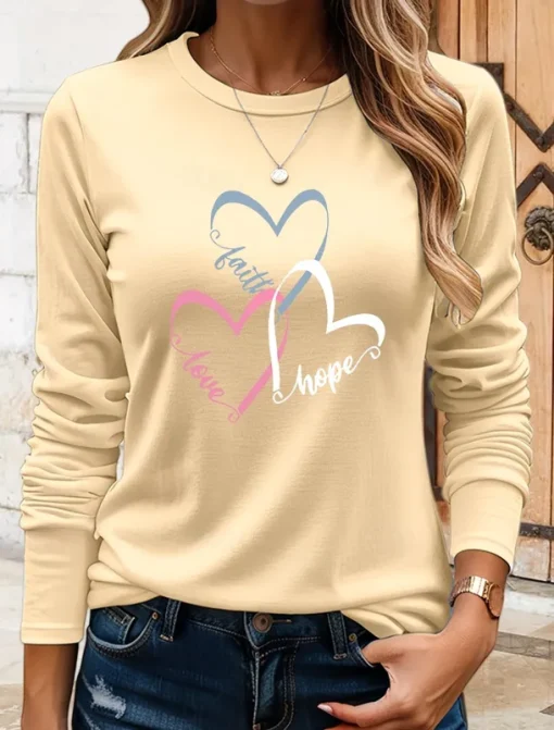 Women's T Shirt Heart Graphic Vintage Stylish Classic Long Sleeve Crew Neck Round Neck Regular Tops Daily Print Black Blue Khaki Rose Pink Summer Spring Fall