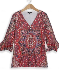 Women's T Shirt Henley Shirt Floral Vintage Ethnic Daily Basic 3/4 Length Sleeve V Neck Regular Tops Holiday Weekend Buttons Print Red Purple Green Khaki Gray Fall & Winter