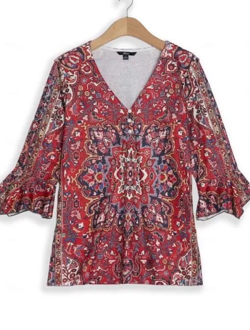 Women's T Shirt Henley Shirt Floral Vintage Ethnic Daily Basic 3/4 Length Sleeve V Neck Regular Tops Holiday Weekend Buttons Print Red Purple Green Khaki Gray Fall & Winter